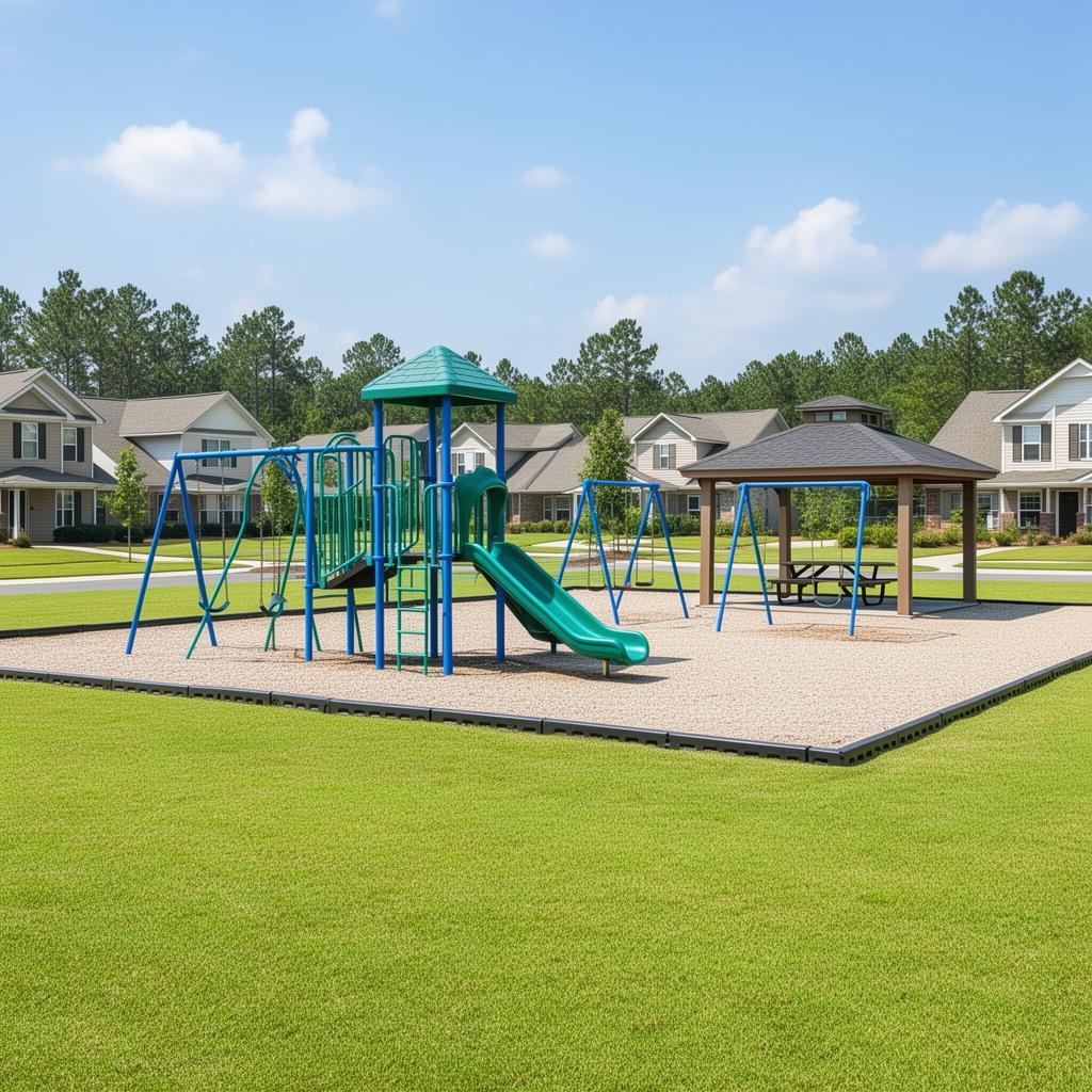 A clean HOA neighborhood playground with manicured grass and freshly maintained equipment in Gwinnett County
