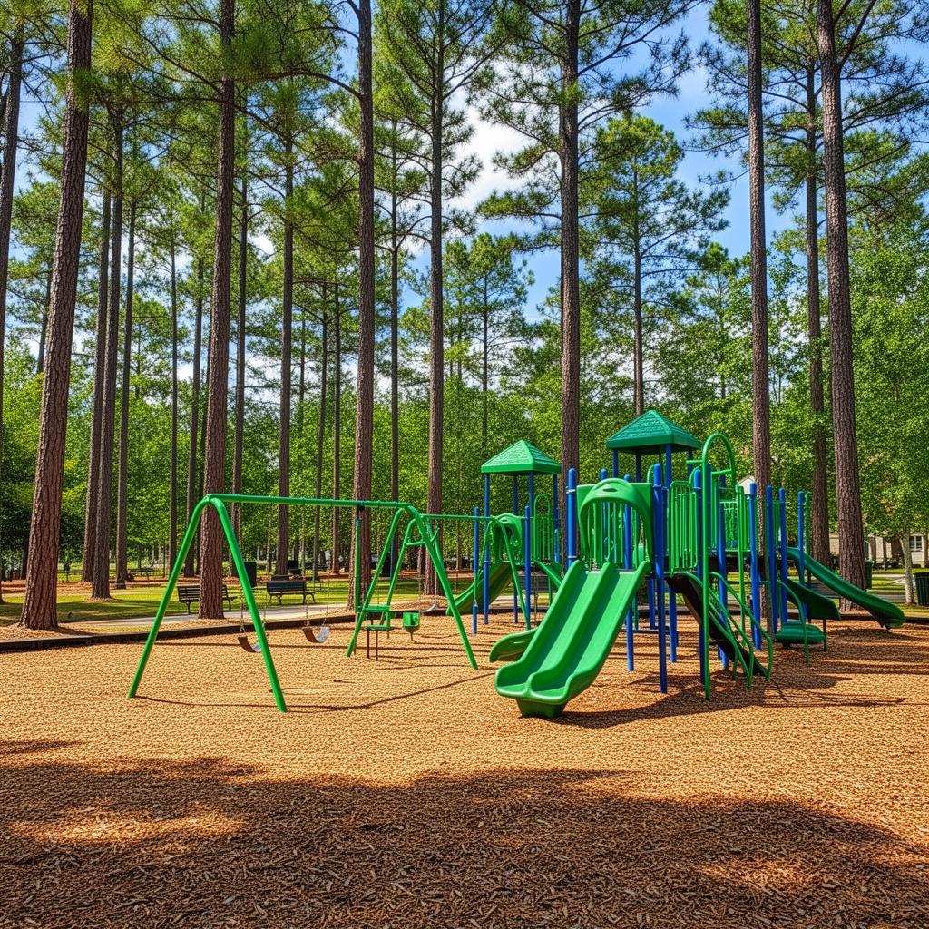 A welcoming public park playground surrounded by Georgia pine trees