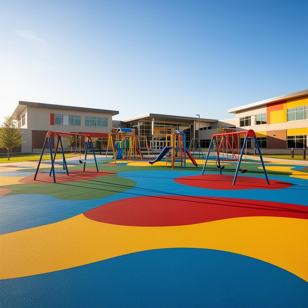 A clean, modern elementary school playground with rubberized safety surface